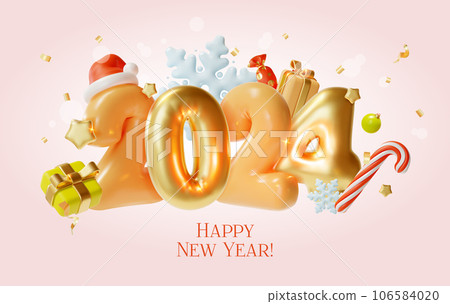 3d Happy New Year Placard Poster Banner Card Template with Golden Metal Number Cartoon Style. Vector illustration of Celebration Winter Holidays 3d Happy New Year Placard Poster Banner Card Template with Golden Metal Number Cartoon Style. Vector illustration of Celebration Winter Holidays 106584020
