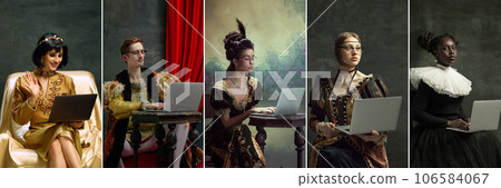 Collage. Beautiful medieval royal persons, men and women, queens and kings using gadgets, laptops on vintage background 106584067