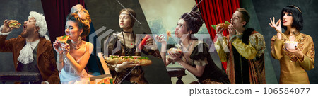 Fast food. Medieval women and men as a royalty persons of vintage clothing on dark background eating unhealthy food Fast food. Medieval women and men as a royalty persons of vintage clothing on dark background eating unhealthy food 106584077