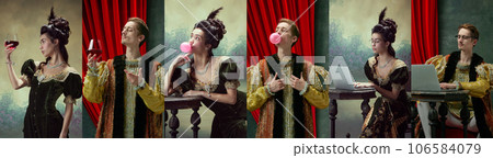 Collage. Young people medieval prince and princess in vintage costumes with bubble gum and wine glass on retro background Collage. Young people medieval prince and princess in vintage costumes with bubble gum and wine glass on retro background 106584079