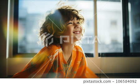 照片風格的插圖,一個微笑的孩子在早晨的陽光下閃閃發光,明亮而美麗的散景 照片風格的插圖,一個微笑的孩子在早晨的陽光下閃閃發光,明亮而美麗的散景 106584092