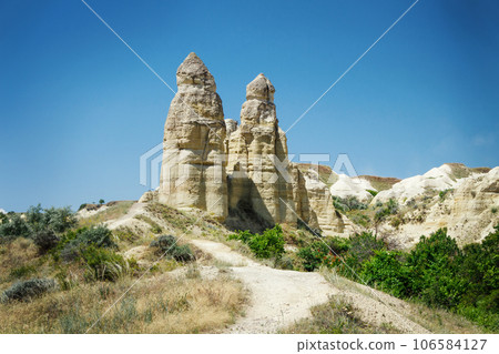 Unique geological formations in Love Valley in Cappadocia. Popular touristic area in Turkey 106584127
