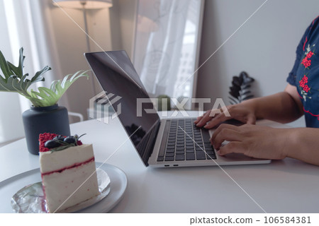 Woman hands typing on laptop computer keyboard, Freelancer Chatting Over the Internet on Social Networks, online learning, internet marketing, working from home, communication concept. Woman hands typing on laptop computer keyboard, Freelancer Chatting Over the Internet on Social Networks, online learning, internet marketing, working from home, communication concept. 106584381