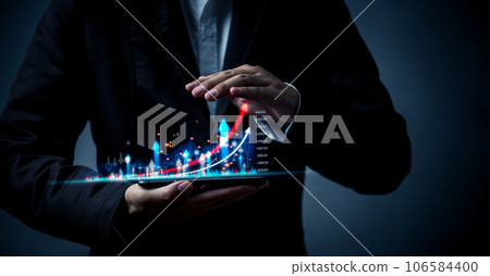 Stock Market Success Upward Graphs and Charts with Arrows. Businessman holding smartphone graph and chart growth, marketing and planing and strategy concept. Stock Market Success Upward Graphs and Charts with Arrows. Businessman holding smartphone graph and chart growth, marketing and planing and strategy concept. 106584400