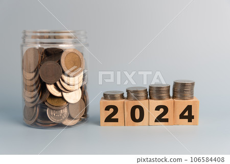 wood cube block 2024 business growth concept. New year business goals, plan and strategy. business finance coin investment, saving money. wood cube block 2024 business growth concept. New year business goals, plan and strategy. business finance coin investment, saving money. 106584408