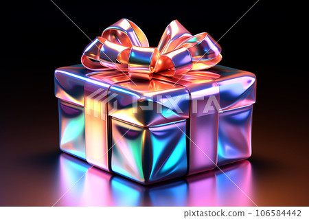 Rainbow neon gift box with bow on black background. Generative AI 106584442