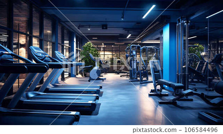 Training gym, interior with fitness machines lined up - AI-generated image 106584496