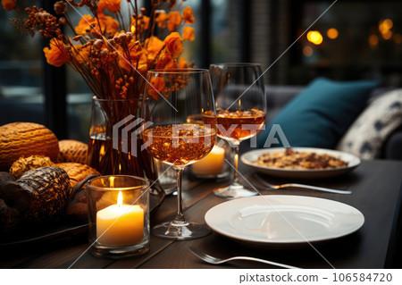 Thanksgiving day table setting in cafe. Autumn centerpieces. Generative AI. 106584720