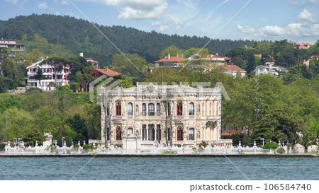 View from Bosphorus of Kucuksu Pavilion, or Kucuksu Kasri, a beautiful palace in the Asian side of Istanbul, Turkey 106584740