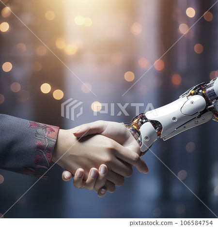 lifestyle photo robot shakes hands with man - AI MidJourney 106584754
