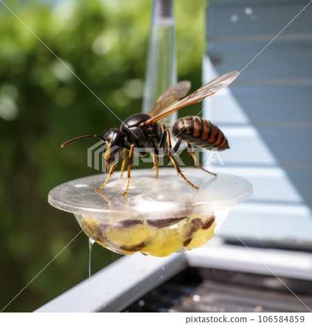 lifestyle photo closeup potter wasp flying near feeder - AI MidJourney lifestyle photo closeup potter wasp flying near feeder - AI MidJourney 106584859
