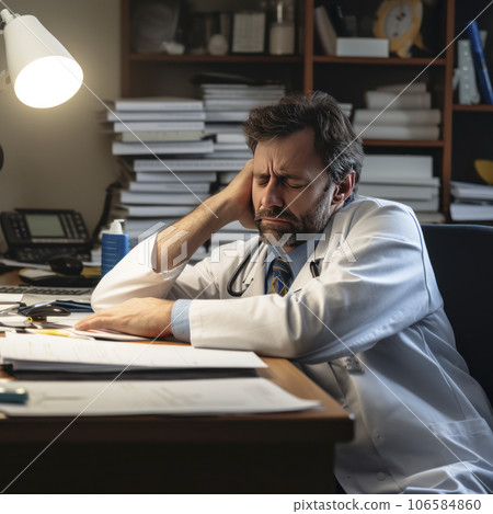 lifestyle photo exhausted doctor resting at desk - AI MidJourney lifestyle photo exhausted doctor resting at desk - AI MidJourney 106584860
