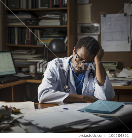 lifestyle photo exhausted African American doctor resting at desk - AI MidJourney lifestyle photo exhausted African American doctor resting at desk - AI MidJourney 106584861