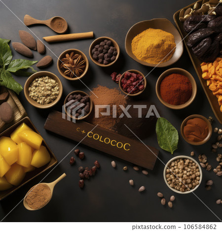 lifestyle photo table with cocoa bean plus powder and bar - AI MidJourney lifestyle photo table with cocoa bean plus powder and bar - AI MidJourney 106584862