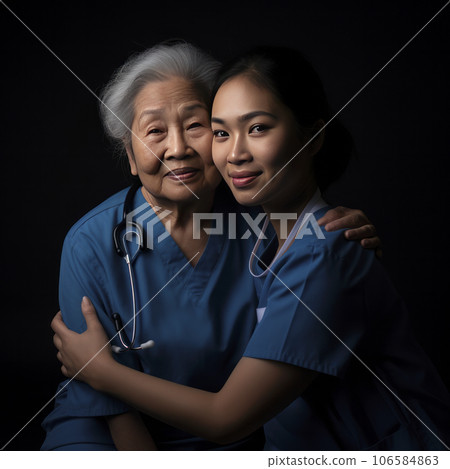 lifestyle photo Aasian night nurse with patient - AI MidJourney lifestyle photo Aasian night nurse with patient - AI MidJourney 106584863