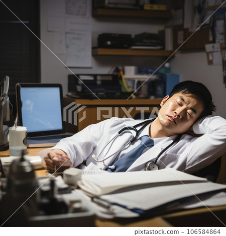 lifestyle photo exhausted asian doctor resting at desk - AI MidJourney 106584864
