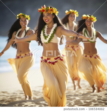 lifestyle photo women hula dancers in hawaii on beach - AI MidJourney 106584882