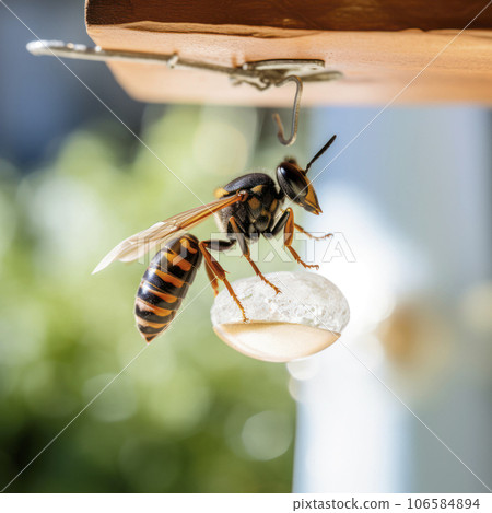 lifestyle photo closeup potter wasp flying near feeder - AI MidJourney lifestyle photo closeup potter wasp flying near feeder - AI MidJourney 106584894