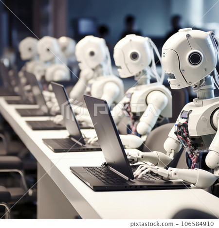 lifestyle photo row of robots typing on a computer keyboard - AI MidJourney lifestyle photo row of robots typing on a computer keyboard - AI MidJourney 106584910