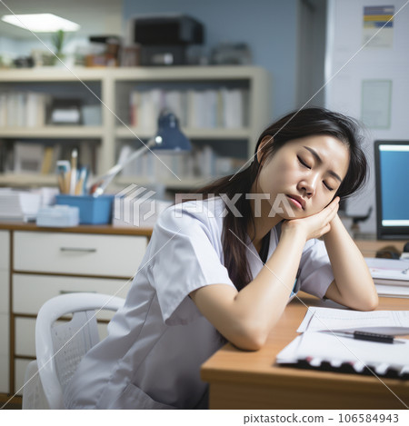 lifestyle photo exhausted asian nurse resting at desk - AI MidJourney 106584943