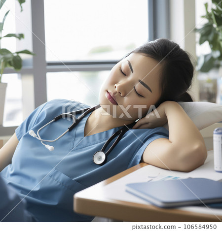 lifestyle photo exhausted asian nurse resting at desk - AI MidJourney lifestyle photo exhausted asian nurse resting at desk - AI MidJourney 106584950