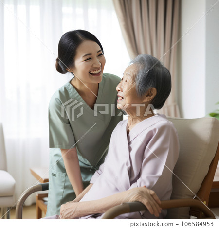 lifestyle photo nurse with elderly patient - AI MidJourney 106584953