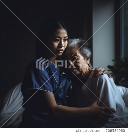 lifestyle photo Aasian night nurse with patient - AI MidJourney 106584960