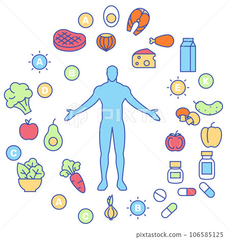 balanced healthy nutrition and food supplements concept icons, wellness, biohacking vitamin diet and health improvement, vector balanced healthy nutrition and food supplements concept icons, wellness, biohacking vitamin diet and health improvement, vector 106585125
