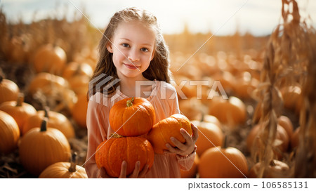 girl with orange pumpkins in the field girl with orange pumpkins in the field 106585131