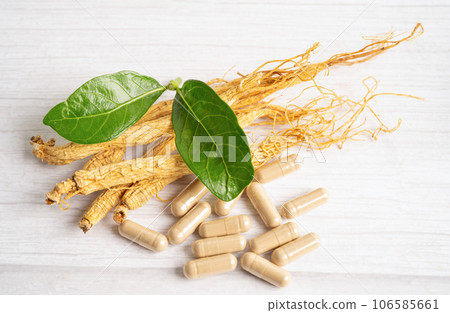 Ginseng, dried vegetable herb. Healthy food famous export food in Korea country. 106585661