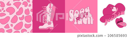 Trendy set of retro Cowboy fashion covers with Pink Cowgirl hat, boots, vintage disco ball, cow pattern, Good luck lettering text. Girly western and wild west theme. Hand drawn vector square poster. Trendy set of retro Cowboy fashion covers with Pink Cowgirl hat, boots, vintage disco ball, cow pattern, Good luck lettering text. Girly western and wild west theme. Hand drawn vector square poster. 106585693