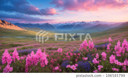Covered in pink and blue small wildflowers beautiful Mountain valley Covered in pink and blue small wildflowers beautiful Mountain valley 106585799