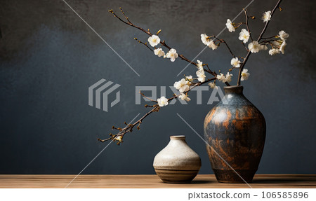 Close-up of a rustic Japanese clay vase in wabi-sabi style. Created by AI 106585896