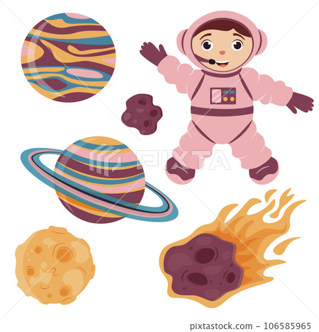 A set of illustrations with a cute astronaut, moon, meteorite and planets in cartoon style. Space travel. Vector illustration. A set of illustrations with a cute astronaut, moon, meteorite and planets in cartoon style. Space travel. Vector illustration. 106585965