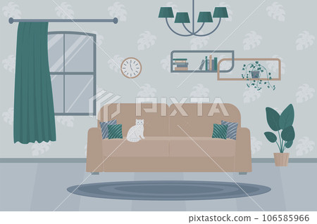 Interior design of the living room with furniture: sofa with pillows, shelves with books, wall clock, indoor plants, pet. 106585966