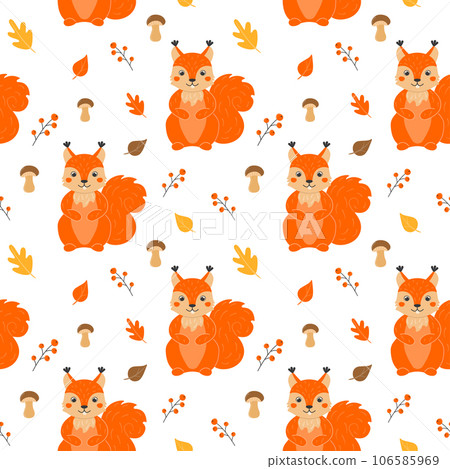 Seamless pattern with cute squirrels, mushrooms, leaves and twigs with berries in cartoon style. Animals and plants in the forest. Vector illustration. Seamless pattern with cute squirrels, mushrooms, leaves and twigs with berries in cartoon style. Animals and plants in the forest. Vector illustration. 106585969