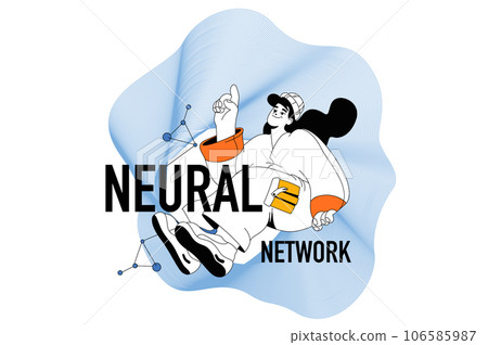 Neural network concept with people scene in flat line design for web. Woman interacting with artificial intelligence, processing data. Vector illustration for social media banner, marketing material. Neural network concept with people scene in flat line design for web. Woman interacting with artificial intelligence, processing data. Vector illustration for social media banner, marketing material. 106585987
