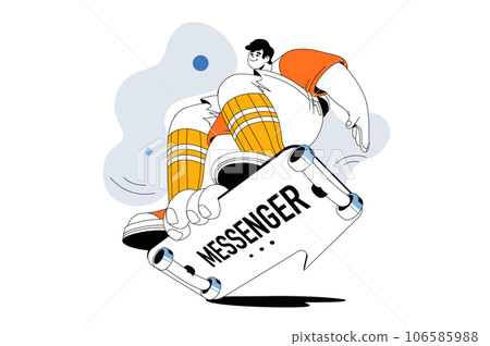 Messenger concept with people scene in flat line design for web. Skateboarder using app for sends messages, chatting and communication. Vector illustration for social media banner, marketing material. Messenger concept with people scene in flat line design for web. Skateboarder using app for sends messages, chatting and communication. Vector illustration for social media banner, marketing material. 106585988