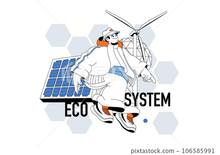 Eco system concept with people scene in flat line design for web. Man using solar panels and wind power station for energy resource. Vector illustration for social media banner, marketing material. 106585991