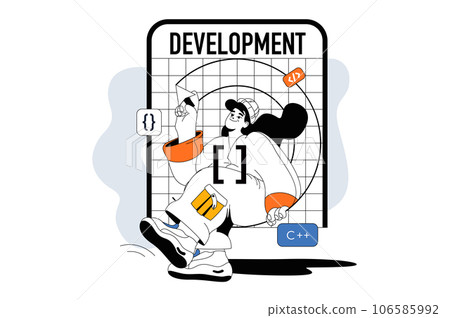 Programming development concept with people scene in flat line design for web. Woman working with code, making interface and scripts. Vector illustration for social media banner, marketing material. Programming development concept with people scene in flat line design for web. Woman working with code, making interface and scripts. Vector illustration for social media banner, marketing material. 106585992