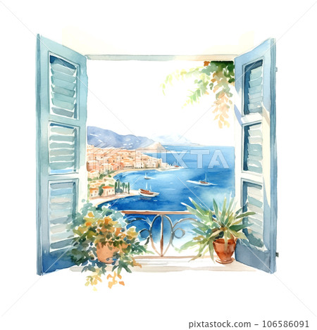 Vintage illustration with blue window sea greece watercolor 106586091