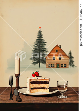 Minimalistic collage of christmas cake, candle on the table and a house between pine trees in neutral background. Surreal collage-style paintings. High quality illustration 106586143