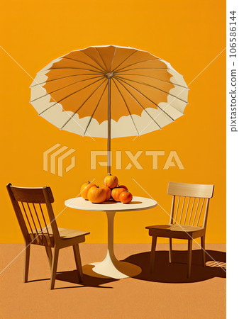 Minimalistic collage of yellow halloween pumpkins on a table under the umbrella with chairs on a hot sunny day. Surreal collage-style paintings. High quality illustration 106586144