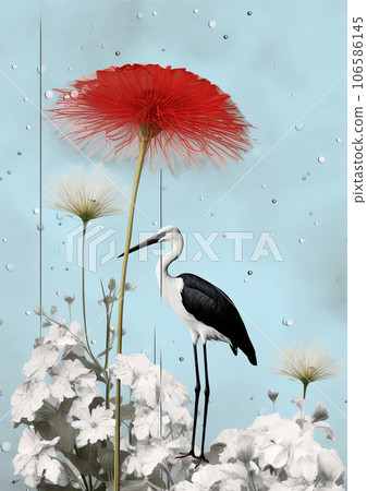 Minimalistic collage of a snow and flowers and a stork with light blue background. Surreal collage-style paintings. High quality illustration 106586145