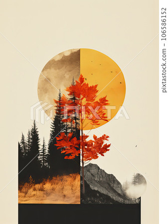 Minimalistic collage of a autumn nature. Pine trees, mountains and a red maple in the middle, against the background of a yellow low sun. Surreal collage-style paintings. High quality illustration 106586152