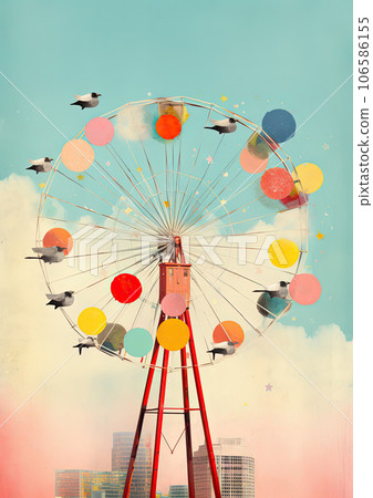 Minimalistic collage of ferris wheel with colored candies and a city with blue sky in the background. Surreal collage-style paintings. High quality illustration 106586155