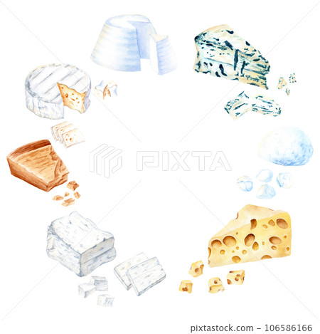 Wreath with different kind of cheeses. Watercolor illustration isolated on white background for clip art, cards, menu Wreath with different kind of cheeses. Watercolor illustration isolated on white background for clip art, cards, menu 106586166