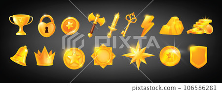 3D casino game golden icon set, vector UI winner medal kit, victory bonus star, gold trophy champion 106586281