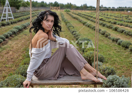 Beautiful young caucasian woman sitting on a wooden swing. 106586426
