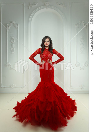 Fashion woman in red dress. Glamour model brunette, indoor fashion portrait 106586439